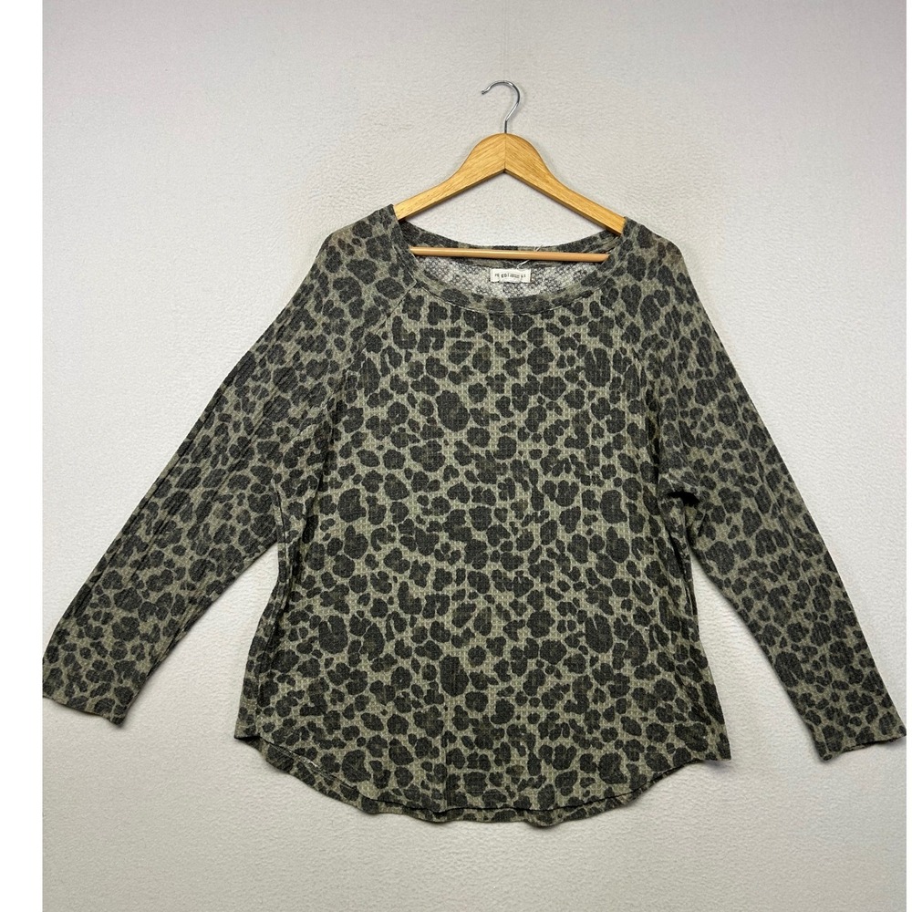 Boho Animal Print Peace & Pearls Womens XL Gray Waffle Knit Long Sleeve Top